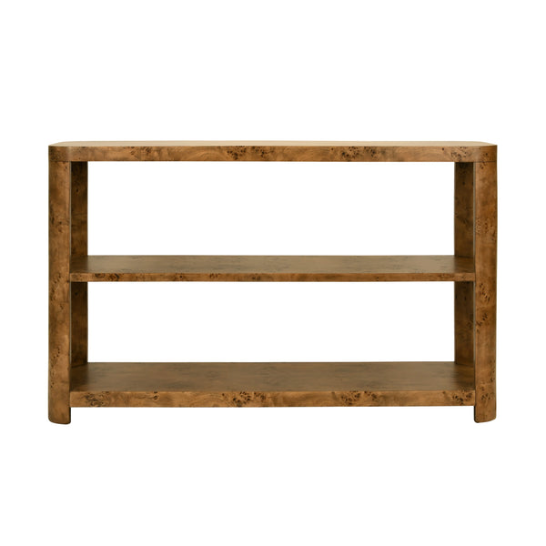TIER TIER CONSOLE WITH CURVED CORNERS IN DARK BURL WOOD