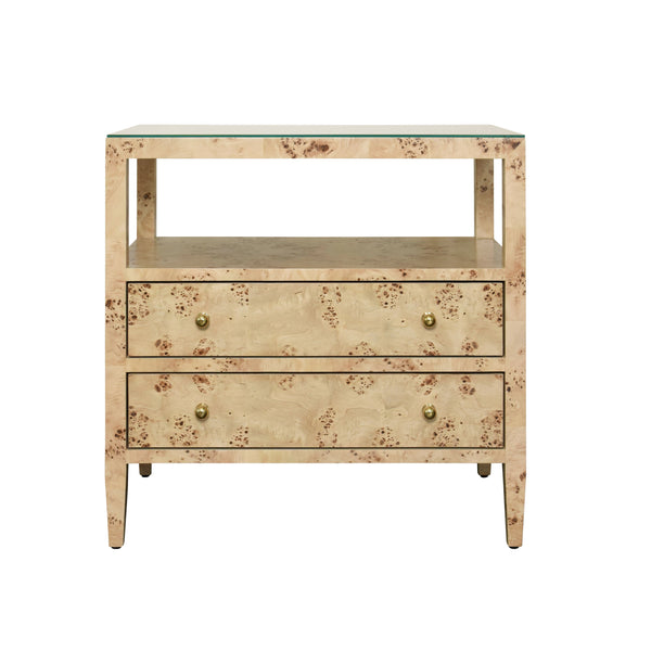 TWO DRAWER SIDE TABLE WITH OPEN TOP SHELF IN BURL WOOD WITH POLISHED BRASS KNOBS