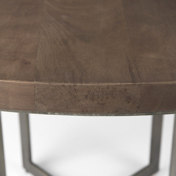 Faye I 48L x 48W x 30H Medium Brown Wood W/Antique Nickel Metal Base Round Dining Table