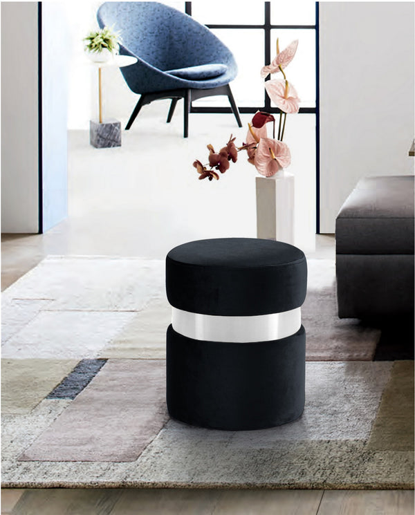 Reginald Ottoman/Stool In Black Velvet and Chrome
