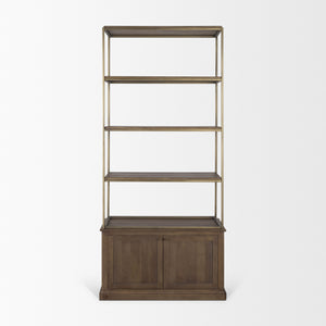 Braxton Dark Brown Wood w/ Antiqued Aged Brass Metal 3 Tiers 2 Door Shelving Unit