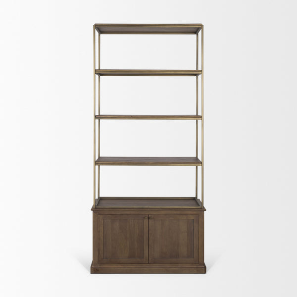 Braxton Dark Brown Wood w/ Antiqued Aged Brass Metal 3 Tiers 2 Door Shelving Unit