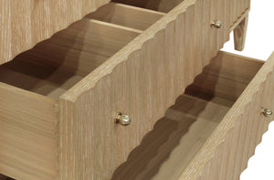 BATH VANITY WITH VERTICAL FLUTED DETAIL ON DRAWERS IN CERUSED OAK WITH WHITE MARBLE TOP, DOUBLE PORCELAIN SINKS, AND POLISHED BRASS KNOBS, 60" WIDE