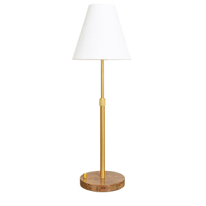 RECHAREABLE TABLE LAMP WITH ADJUSTABLE POLE IN BRASS AND WHITE LINEN SHADE