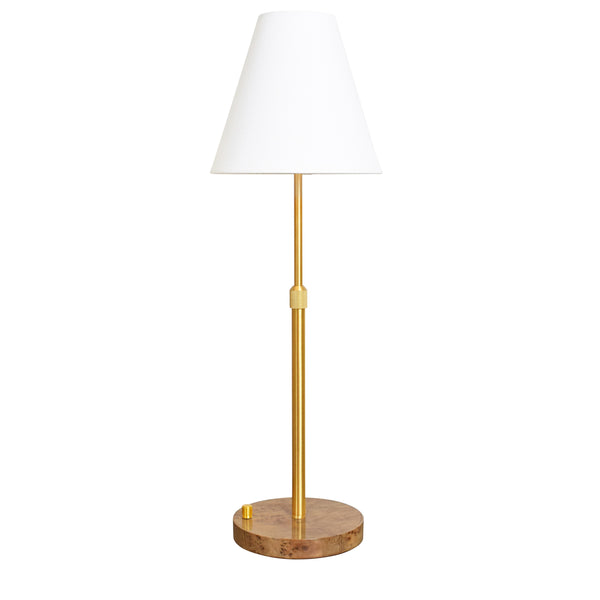 RECHAREABLE TABLE LAMP WITH ADJUSTABLE POLE IN BRASS AND WHITE LINEN SHADE