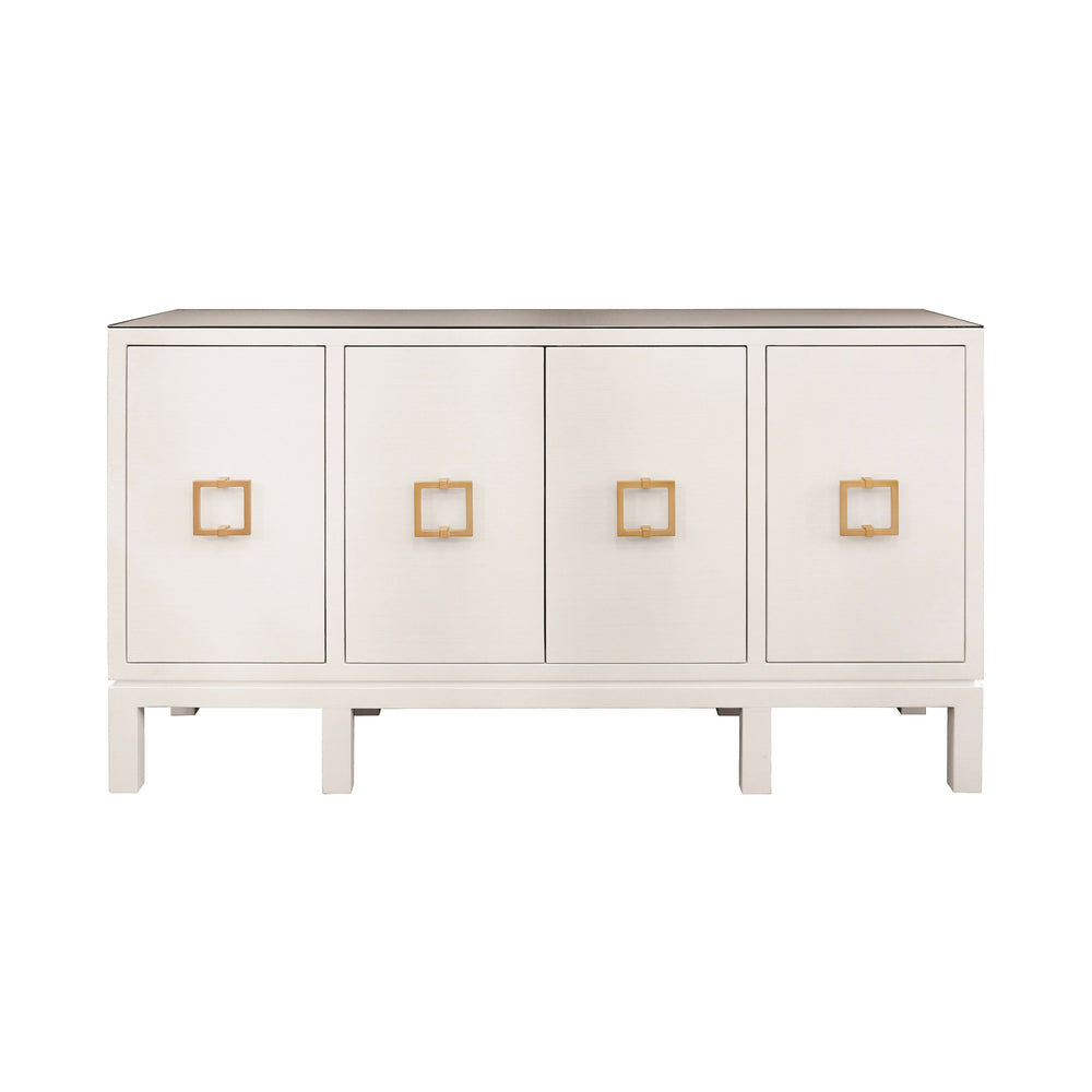 FOUR DOOR BUFFET WITH LARGE BRASS SQUARE HARDWARE IN WHITE TEXTURED LINEN