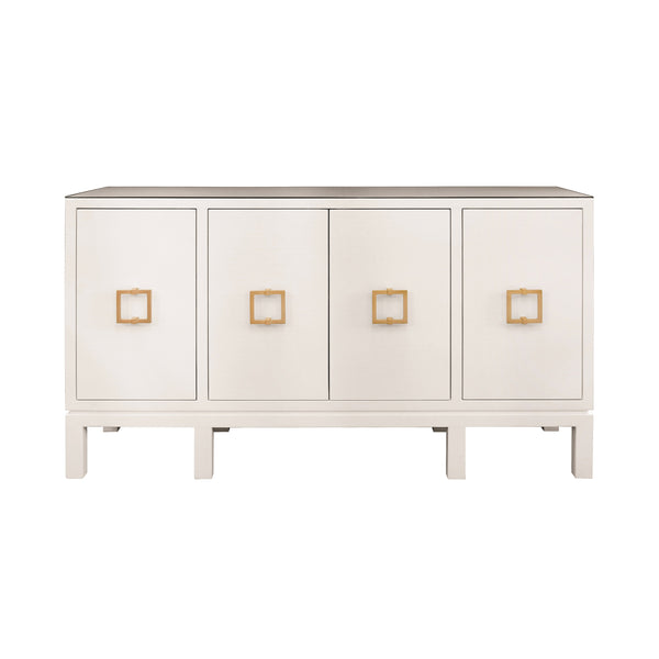 FOUR DOOR BUFFET WITH LARGE BRASS SQUARE HARDWARE IN WHITE TEXTURED LINEN