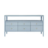 SIX DRAWER CONSOLE WITH OPEN SHELF IN TEXTURED LIGHT BLUE LINEN WITH POLISHED BRASS KNOBS