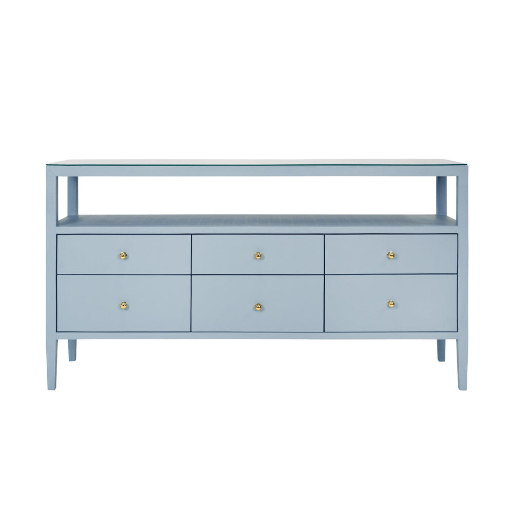 SIX DRAWER CONSOLE WITH OPEN SHELF IN TEXTURED LIGHT BLUE LINEN WITH POLISHED BRASS KNOBS