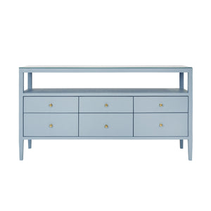 SIX DRAWER CONSOLE WITH OPEN SHELF IN TEXTURED LIGHT BLUE LINEN WITH POLISHED BRASS KNOBS