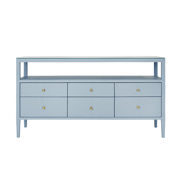 SIX DRAWER CONSOLE WITH OPEN SHELF IN TEXTURED LIGHT BLUE LINEN WITH POLISHED BRASS KNOBS