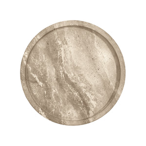 ROUND SIDE TABLE IN TRAVERTINE WITH STAINLESS STEEL POLE.