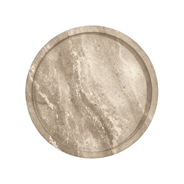 ROUND SIDE TABLE IN TRAVERTINE WITH STAINLESS STEEL POLE.