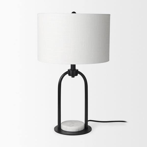 Sarah 15.0L x 10.0W x 22.2H Arched Black Metal W/Marble Cube and White Shade Table Lamp