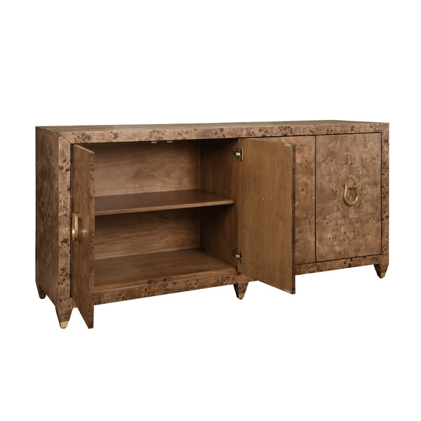 FOUR DOOR BUFFET WITH SATIN BRASS HORSEBIT INSPIRED HARDWARE AND FOOT CAPS IN DARK BURL WOOD