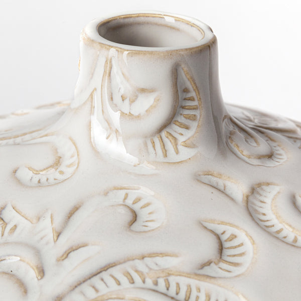 Jadiza II Medium White Glaze Floral Pattern Vase