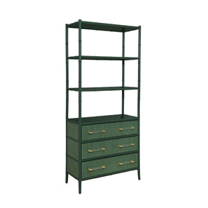 THREE DRAWER ETAGERE WITH BAMBOO DETAIL IN GREEN DYED GRASSCLOTH AND DARK GREEN MATTE LACQUER