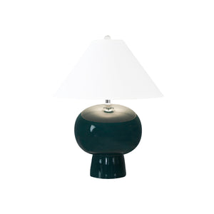 BULB SHAPE CERAMIC TABLE LAMP WITH WHITE LINEN COOLIE SHADE IN TEAL GREEN