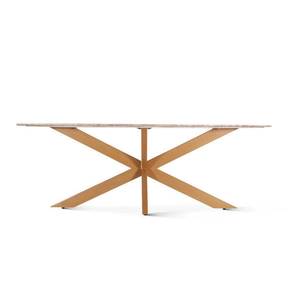 Malibu 90" Iron and Marble Oval Dining Table, Sawar Marble, Antique Gold