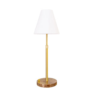 RECHAREABLE TABLE LAMP WITH ADJUSTABLE POLE IN BRASS AND WHITE LINEN SHADE