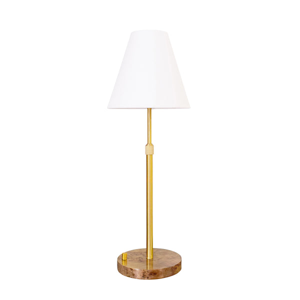 RECHAREABLE TABLE LAMP WITH ADJUSTABLE POLE IN BRASS AND WHITE LINEN SHADE