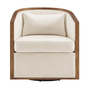 Marilyn Linen Swivel Accent Arm Chair w/ Rattan, Shortbread/Natural