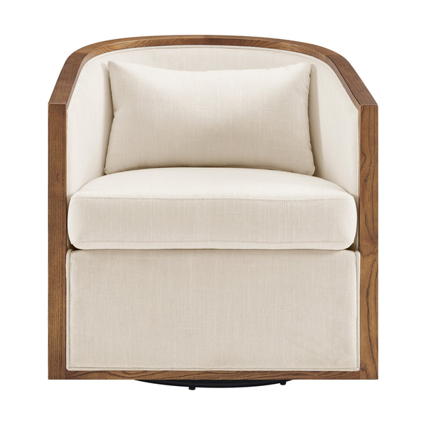 Marilyn Linen Swivel Accent Arm Chair w/ Rattan, Shortbread/Natural