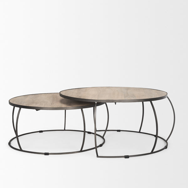 Clapp Round Light Brown W/ White Wash Wood and Silver Metal Nesting Coffee Tables (Set of 2)