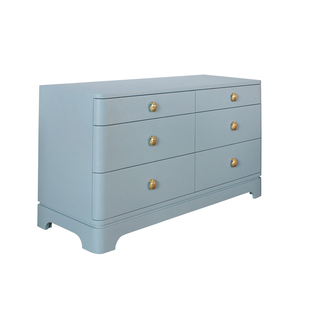 SIX DRAWER ROUNDED EDGE CHEST WITH BRASS BEETLE KNOB IN LIGHT BLUE MATTE LACQUER
