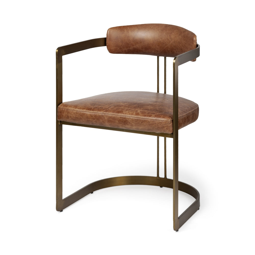 Hollyfield I Brown Leather Seat Gold Iron Frame Dining Chair