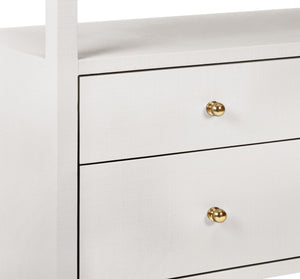 SIX DRAWER CONSOLE WITH OPEN SHELF IN TEXTURED WHITE LINEN WITH POLISHED BRASS KNOBS