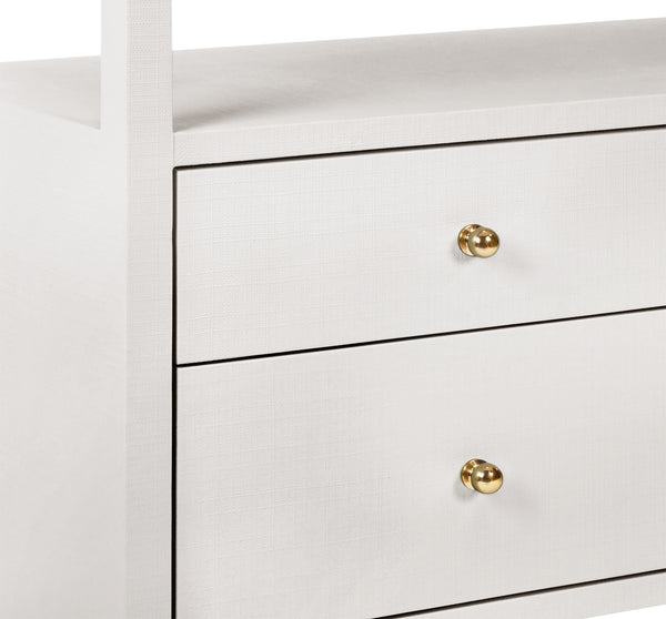 SIX DRAWER CONSOLE WITH OPEN SHELF IN TEXTURED WHITE LINEN WITH POLISHED BRASS KNOBS