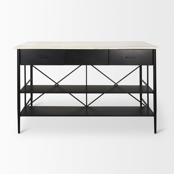 Amika White Marble Top Black Metal Base Kitchen Island