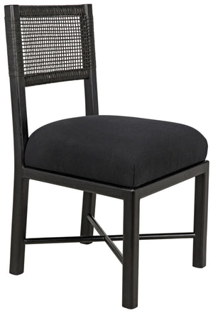 Lobos Sungkai and Mindi Chair with Woven Leather Backrest in Charcoal Black with Black Cotton Upholstery