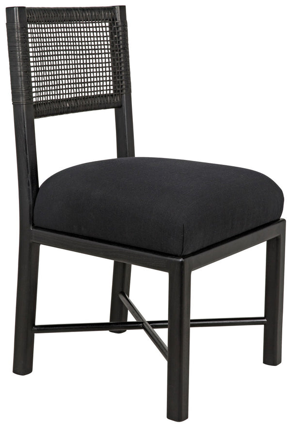Lobos Sungkai and Mindi Chair with Woven Leather Backrest in Charcoal Black with Black Cotton Upholstery