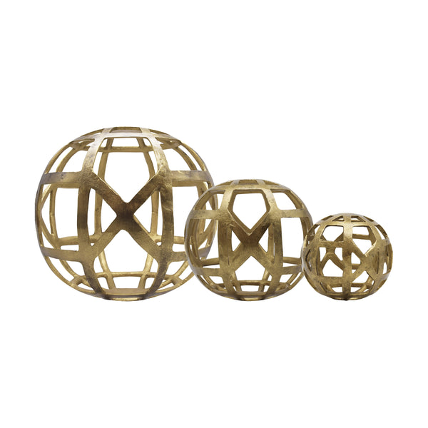 MEDIUM ROUND METAL BALL WITH GEO CUTOUTS IN TEXTURED BRASS