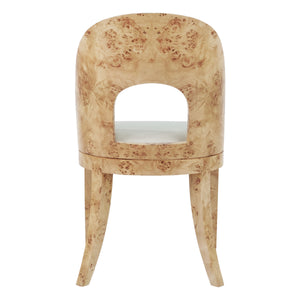 CURVED BACK WOODEN DINING CHAIR IN BURL WOOD WITH PERFORMANCE WHITE LINEN UPHOLSTERY