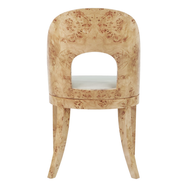 CURVED BACK WOODEN DINING CHAIR IN BURL WOOD WITH PERFORMANCE WHITE LINEN UPHOLSTERY