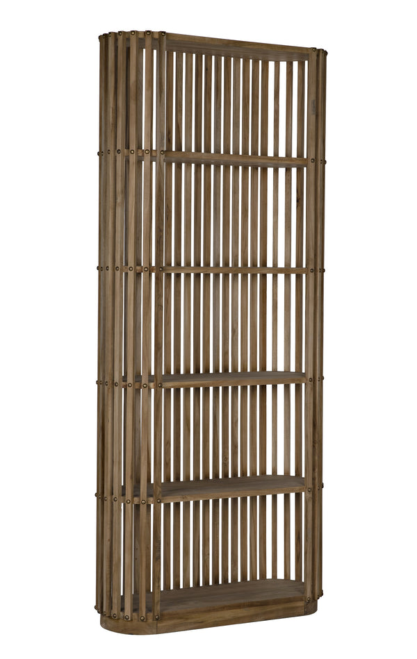 Opal Teak & Veneer Bookcase with Brass Nailhead Accents in Natural Finish