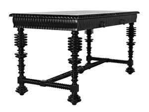 Portuguese Small Desk in Hand-Rubbed Black Mahogany with Brass Pulls