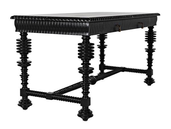 Portuguese Small Desk in Hand-Rubbed Black Mahogany with Brass Pulls