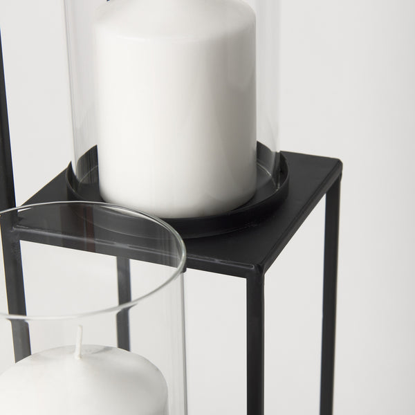 Cindy 4-Tier, Matte Black Metal w/ Hurricane Glass, Pillar Candle Floor Lantern