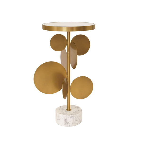 ROUND BRASS SIDE TABLE FEATURING BASE WITH ARRAY OF ANTIQUE BRASS DISCS, WHITE MARBLE BASE, AND INSET MIRROR