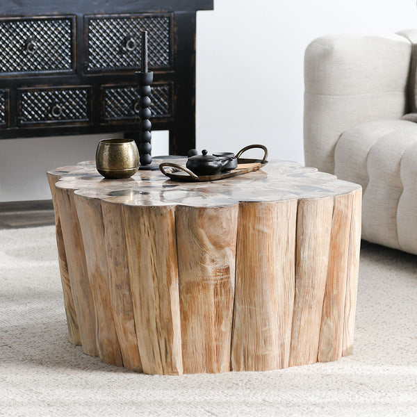 Norwest Solid Wood Coffee Table with Teak & Petrified Wood