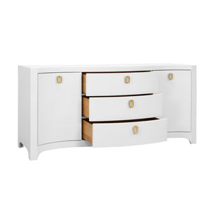 CURVED FRONT TWO DOOR THREE DRAWER BUFFET IN TEXTURED WHITE LINEN WITH SATIN BRASS RING HARDWARE