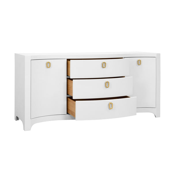 CURVED FRONT TWO DOOR THREE DRAWER BUFFET IN TEXTURED WHITE LINEN WITH SATIN BRASS RING HARDWARE