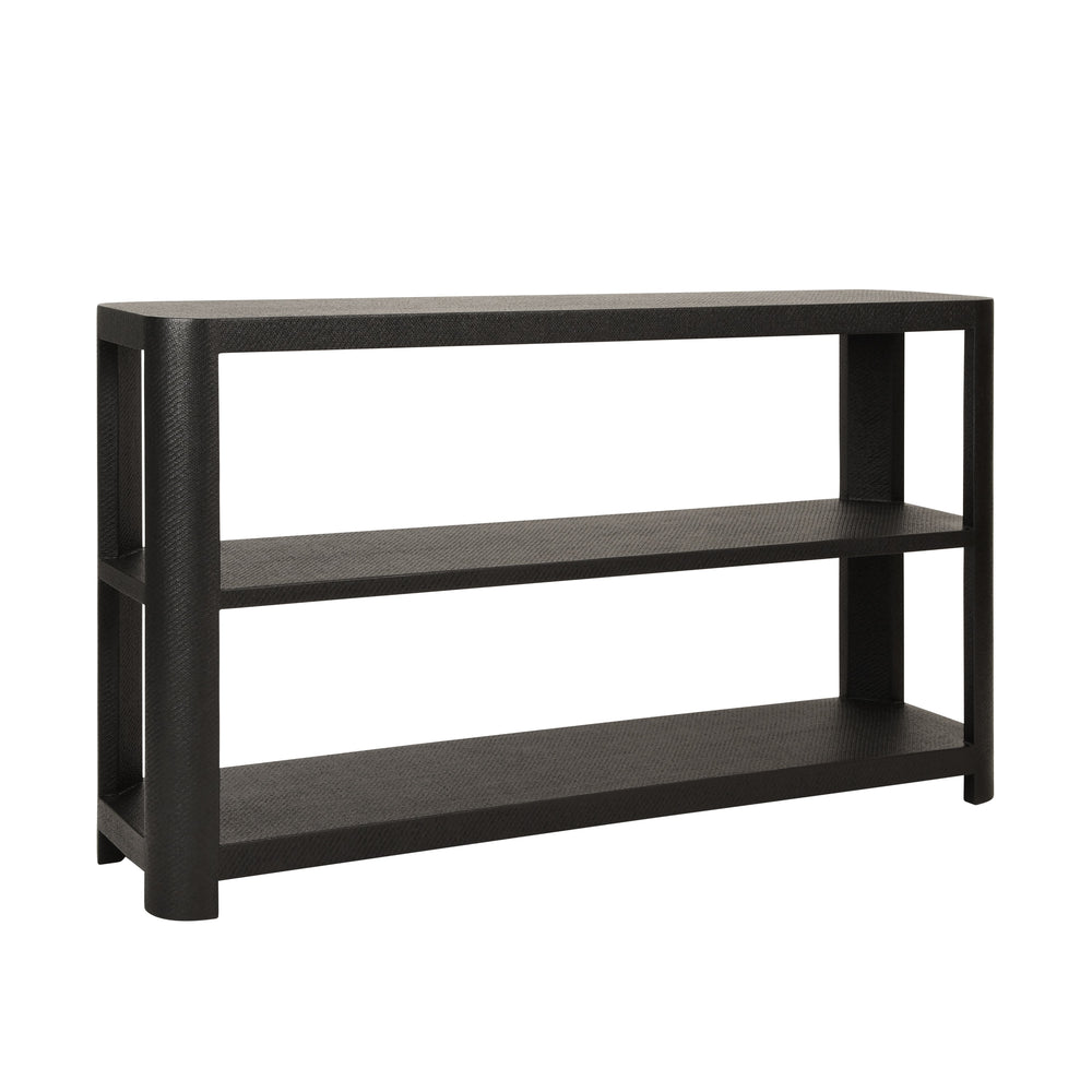 THREE TIER CONSOLE WITH CURVED CORNERS IN BLACK PAINTED GRASSCLOTH