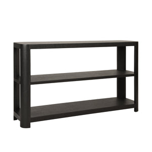 THREE TIER CONSOLE WITH CURVED CORNERS IN BLACK PAINTED GRASSCLOTH