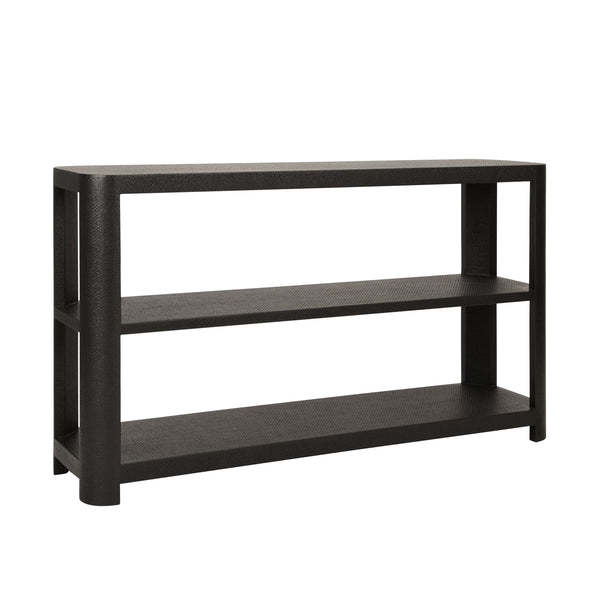 THREE TIER CONSOLE WITH CURVED CORNERS IN BLACK PAINTED GRASSCLOTH