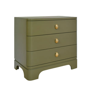 THREE DRAWER ROUNDED EDGE SIDE TABLE WITH BRASS BEETLE KNOB IN OLIVE GREEN MATTE LACQUER
